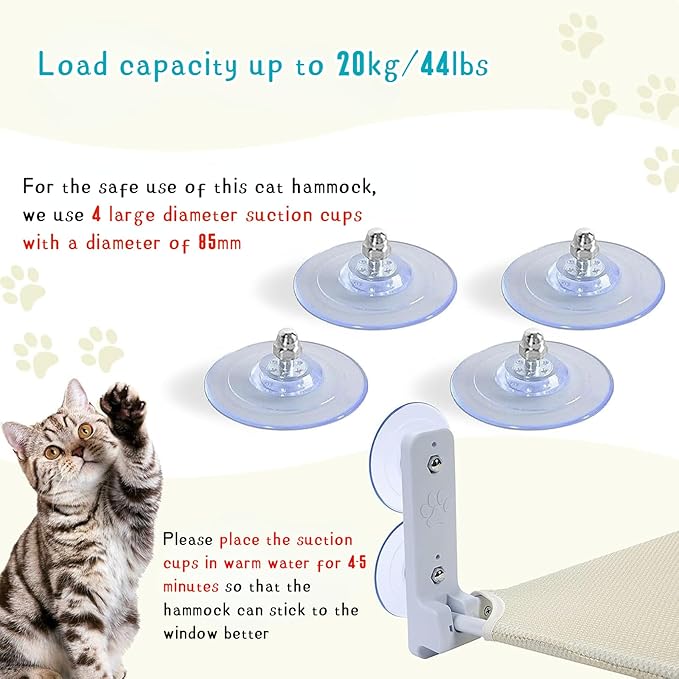 Cordless Cat Window Perch, Foldable Cat Window Hammock with 4 Strong Suction Cups, Window Cat Perch Indoor Cats Kitty Shelf Hold Up to 44lbs for Small to Medium Cats, Beige