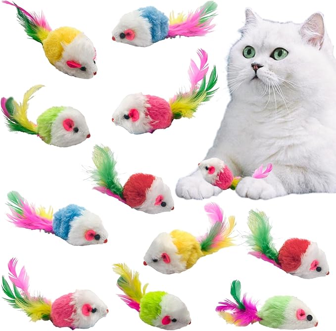 Andiker 12Pcs Cat Mouse Toy for Indoor Cats, 3.93'' Colorful Cat Mice Toy in Random Colors with Feather Realistic Mice Toys for Cat Cute Cat Plush Mouse Toy for Cat to Catch Play (Mix Color)