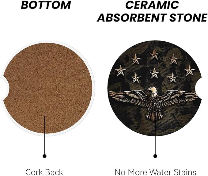 Absorbent Ceramic Car Coasters for Cup Holders, Camo Bald Eagle Design 2.56" Anti Slip Universal Drink Cup Coasters for Women Men (2 Pack)