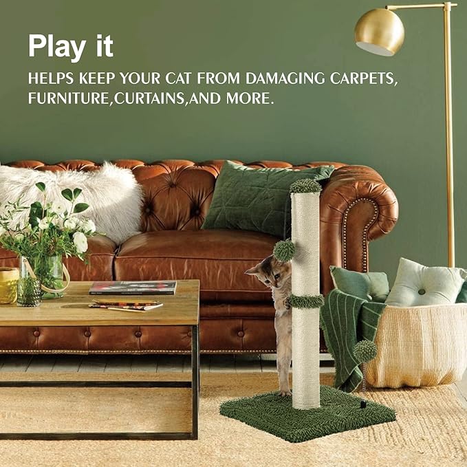 MECOOL Cat Scratching Post Premium Basics Kitten Scratcher Sisal Scratch Posts with Hanging Ball 22in for Kittens or Smaller Cats (22 inches for Kitten, Cactus Green)