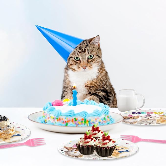48Pcs Cat Birthday Party Decorations Include Meow Theme Paper Plates and Napkins Forks Supplies Cat Happy Birthday Cake Plates Set Sign Party Decorations for Girls Baby Shower Favors