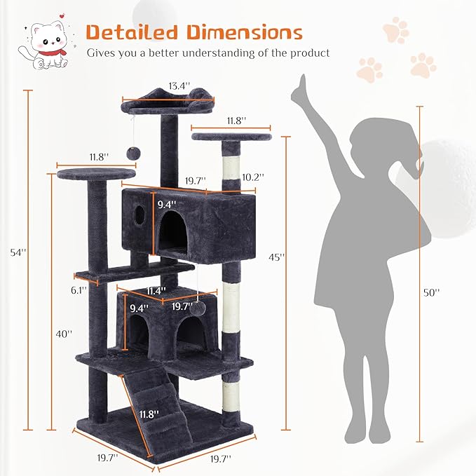 Sweetcrispy 54-Inch Cat Tree Tower – Multi-Level Cat Tower with Sisal Scratching Post, Perfect Cat Gift, Indoor Cat Tree with Condo, Climbing Ladder, Plush Toy, and More Cat Stuff，Grey