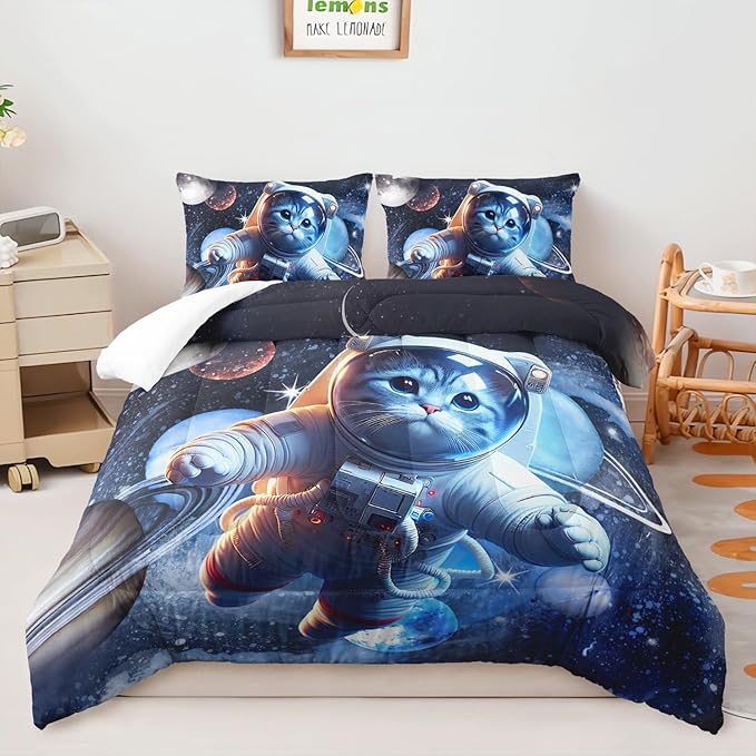 AILONEN Kids Cat Comforter Set - Full 3D Cute Kawaii Cat Bedding Set for Girls & Boys, Galaxy Planet Duvet with 2 Pillowcases