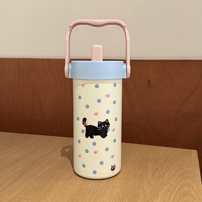 20 oz Cute Black Cat Pattern Insulated Tumbler with Straw and Lid, Stainless Steel School Travel Working Coffee Mug, Detachable Dust Cap, Built-In Filter Tea Drain, Great Gifts for Women & Girls