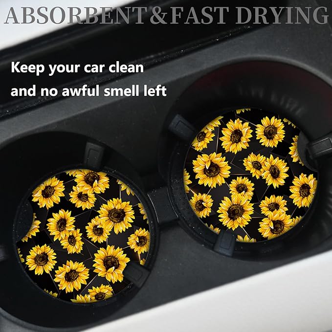 2 Pack 2.75" Sunflowers Coasters Absorbent for Women & Men Auto Drink Coasters Mats Vehicle Car Coaster for Interior Holder Accessory Insert Cars Cup Accessories