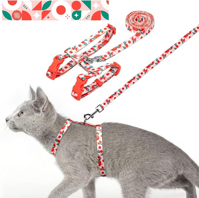 azuza Cat Harness and Leash Set for Safe Walking and Travel, Escape Proof Cat Harness, Lightweight Soft and Comfortable, Adjustable Kitten Harness for Small Medium Large Cats, Red Geometry