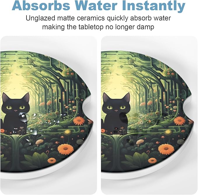 2 Pack Car Cup Holder Coaster, 2.63 inch Anti Slip Insert Absorbent Ceramic Car Coaster with Cork Base and Finger Notch, Cute Car Accessories Interior for Women, Cute Car Coasters., CH0025