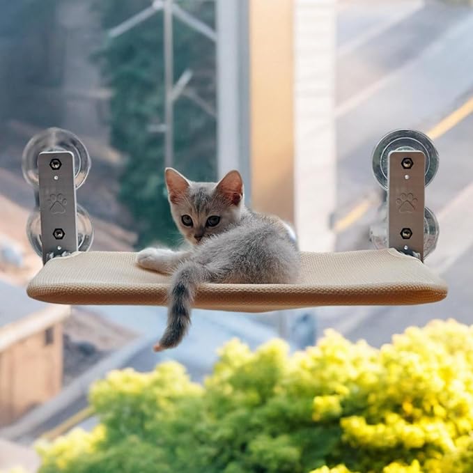 Cordless Cat Window Perch, Foldable Cat Window Hammock with 4 Strong Suction Cups, Window Cat Perch Indoor Cats Kitty Shelf Hold Up to 44lbs for Small to Medium Cats, Beige