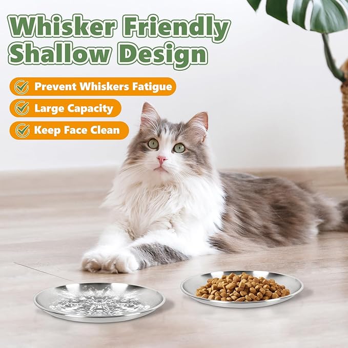 8PC Stainless Steel Cat Bowls Set - Whisker-Friendly Shallow Dishes for Indoor Cats, 6.7" Anti-Fatigue Food Bowl for Wet/Dry Food (13oz)
