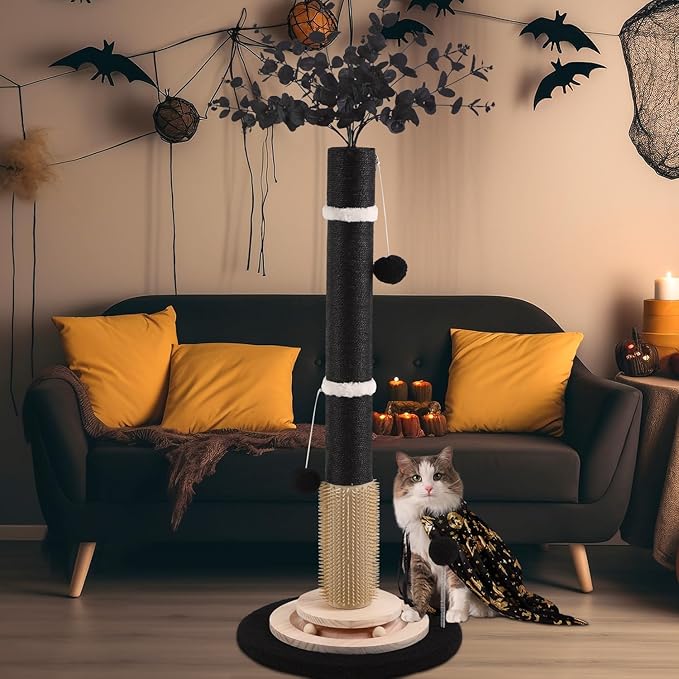 Scratching Posts for Indoor Cats Adults,45'' Tall Gothic Scratching Post with 3.5Inch Diameter Sisal Rope,Cat Scratcher with Interactive Ball Toys Self Groomer Brush for Large Cats