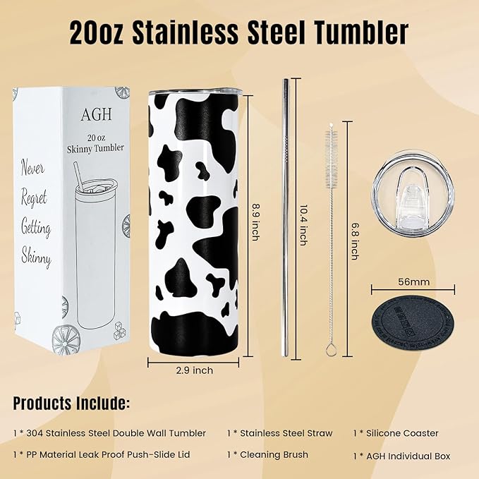 AGH Cow Print Skinny Tumbler with Lid and Straw,20 OZ Straight Stainless Steel Insulated Skinny Cups, Vacuum Double Wall Travel Coffee Mug