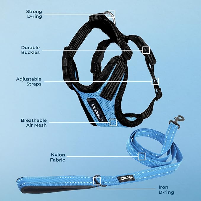 Voyager Step-in Lock Dog Harness w Reflective Dog Leash Combo Set with Neoprene Handle 5ft - Supports Small, Medium and Large Breed Puppies/Cats by Best Pet Supplies - Baby Blue/Black Trim, M