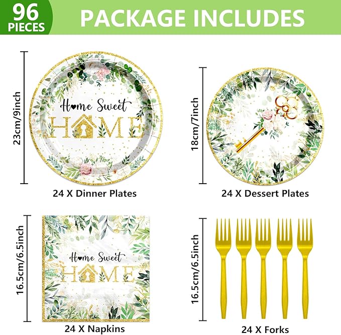 96PCS House Warming Party Decorations Home Sweet Home Tableware Set Rustic Floral Paper Plates Napkins Dinnerware Dessertware Forks Serves 24