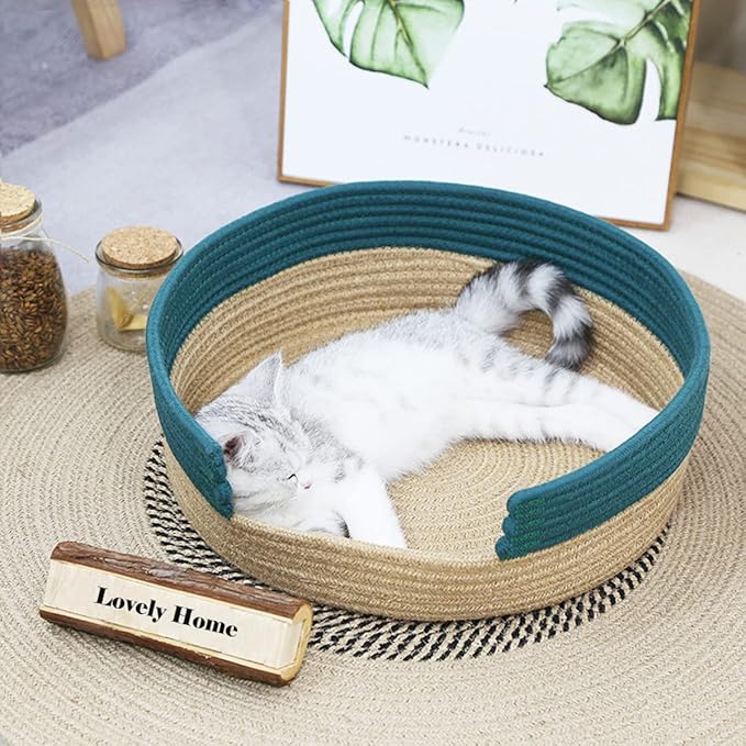 Cat Bed Cotton Rope Cat Beds for Indoor Cats Washable Dog Bed for Small Dogs Cat Scratching Board Pet Mat for Sleeping Four Seasons Universal (Green&Jute)