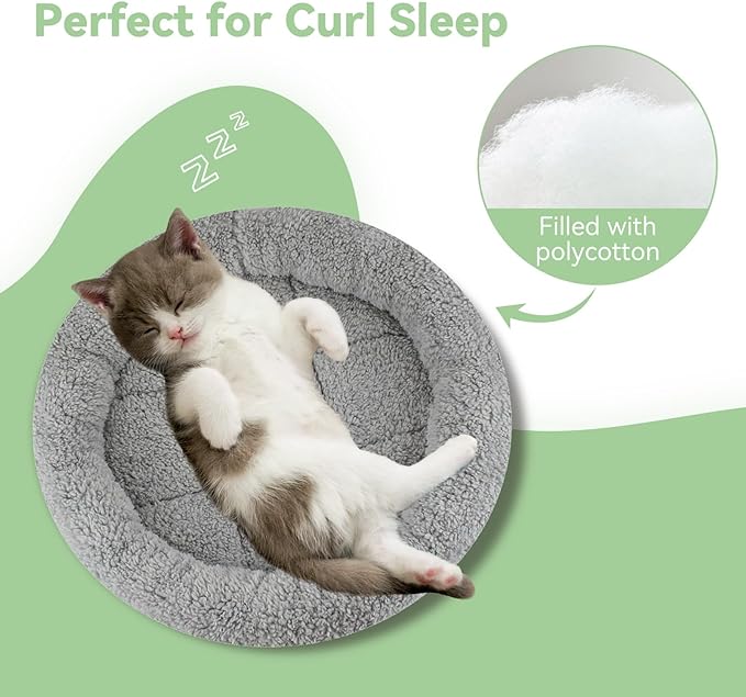 lesypet Cat Bed for Indoor Cats, Round Cat Bed Small Cat Bed Curl Sleep Cushion with Raised Pillow Around, Non-Slip Bottom Washable Mat for Small Pet Rabbit Hamsters, Round Medium 15.75"