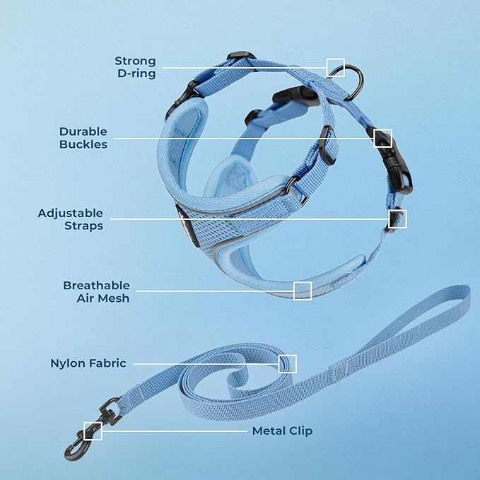 Voyager Escape Proof Cat Harness and Leash Set with Reflective Stitching, Neoprene Handle 5ft - Supports Small, Medium and Large Cats, Kittens for Walking by Best Pet Supplies - Baby Blue, XXXS