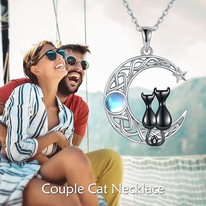 925 Sterling Silver Moon Black Cat Necklace for Women - Tree of Life Jewelry with Abalone Stone - Cat Lover Birthday Gift