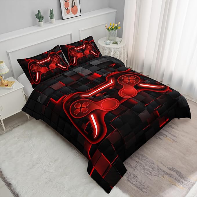 Axolotl Gamepad Comforter Set Full Size,Red Grid Print Bedding Set,Boys Gaming Console Comforter Set,Video Gaming Controller Bedding Set for Teens Men Adults,1 Quilt 2 Pillowcases,Red Black