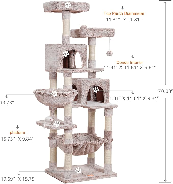 Heybly Cat Tree, 70 inches Tall Cat Tower condo with Toy for Indoor Large Cats, Cat House Furniture with Padded Plush Perch, Cozy Hammock and Sisal Scratching Posts,Muchroom HCT032MU