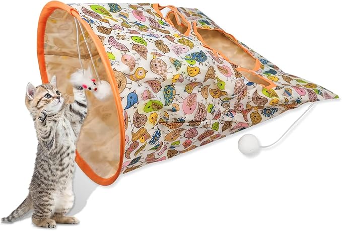 Andiker Cat Tunnel Bags for Indoor Cats, 13x17x12In Foldable Cat Crinkle Bag with 3 White Plush Balls and 1 Mouse 5 Holes for Kitten to Hide and Catch 3 Layers Cat Toy (Bird)