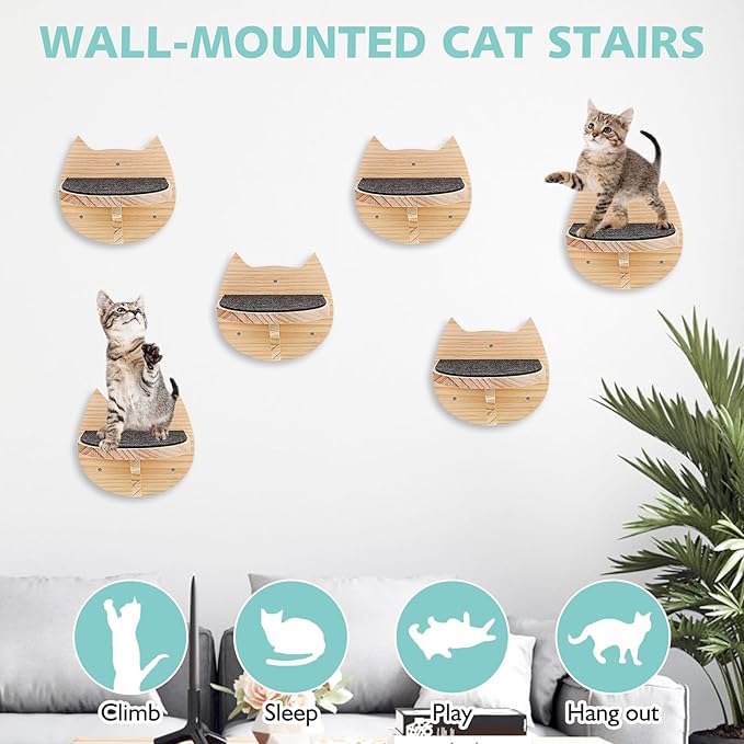 kathson 6 Pcs Cat Wall Mounted Shelves Cat Wall Steps Shelves Wood Cat Climbing Shelves Cat Stairs with Non Slip Felt Cat Ladder Cat Wall Bed Cat Wall Furniture Cat Perch for Springboard Playing
