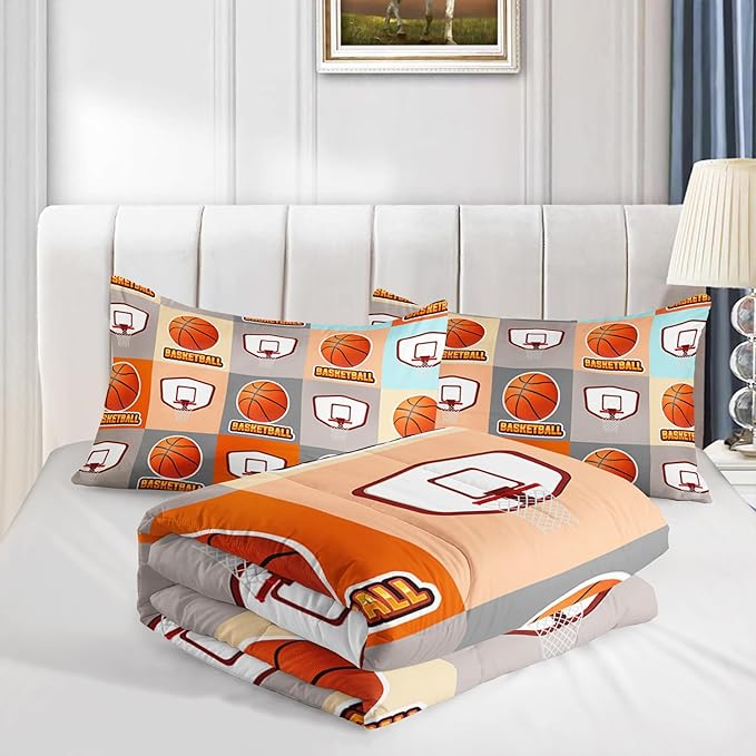 Basketball Bedding Kids Comforter Set Full Size,Sports Style Basketball Printing Bedding Set for Teens Boys Room Decor,Ball Sports Games Comforter Set Soft Kids Bedding with 2 Pillowcases.