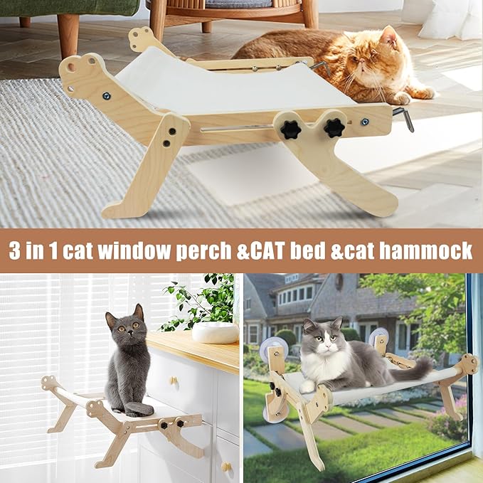 3 in 1 Cat Perch Cat Window Perch Adjustable Cat Window Hammock for Indoor Free-Standing Large Cat Sleeping Bed Seat Shelves for Windowsill Bedside Drawer and Cabinet Holds Up to 40 lbs