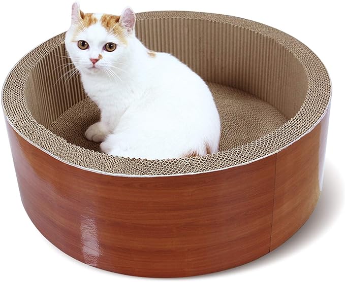 FluffyDream ScratchMe Cat Scratcher Post & Board, Round Cat Scratching Lounge Bed, Durable Pad Prevents Furniture Damage, 17.32'' x 17.32''x 6.11''