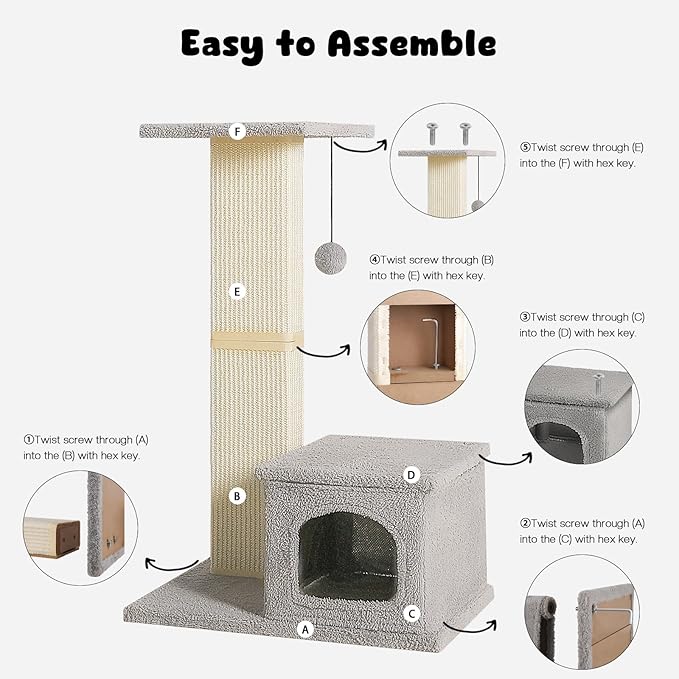 Small Cat Tree, 31 Inches Tall Cat Scratching Post with Perch & Condo, Natural Woven Sisal Cat Post Sctacher, Kitten Scratching Posts for Indoor Cats, Cat Scratch Tower with Fluffy Ball, Gray