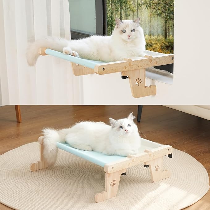 Cat Sill Window Perch Sturdy Cat Hammock Wooden Pet cat Bed Easy to Adjust Cat Bed for Windowsill Bedside Drawer Cabinet Floor (Blue with Gray)