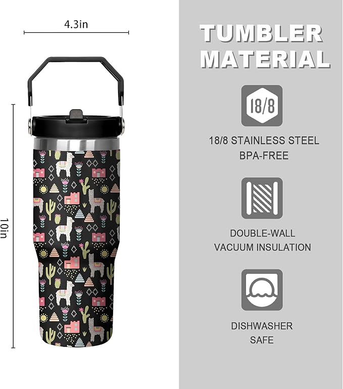 30 Oz Llama Tumbler with Handle and Straw, Alpaca Mug Insulated Llama Coffee Mug, Double Wall Stainless Steel Llama Cup, 30 Oz Llama Mugs with Handle and Straw for Women Gifts