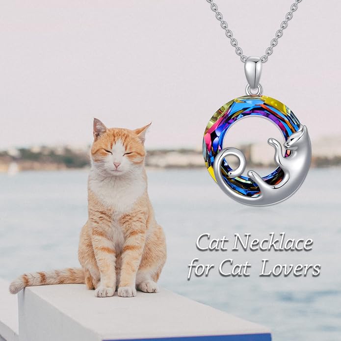 AOBOCO Valentine Cat Necklace for Women 925 Sterling Silver Cat Pendant Necklace Embellished with Crystals from Austria Jewelry Gifts for Cat Lovers