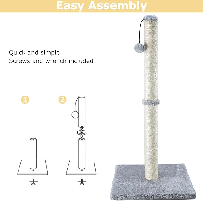 Dimaka 29" Height Tall Cat Scratching Post, Claw Scratcher with Sisal Rope and Covered with Soft Smooth Plush, Vertical Scratch [Full Strectch] for Standard Size Cats (Grey, 29 inches)