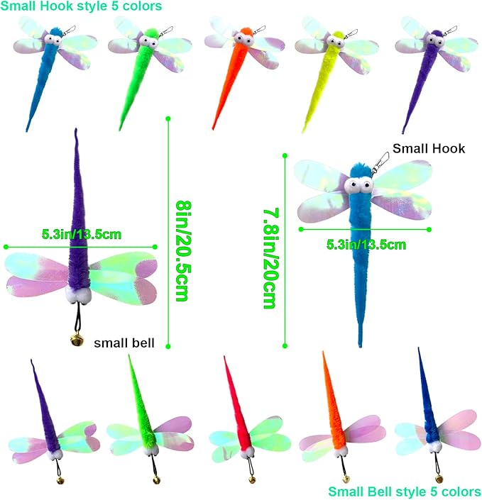 AcceLeah Cat Worm Toy Refills Cats Teaser Toys Cat Wand Refill Wand Replacement,Cat Worms and Dragonfly Refill,Cat Wand Toy Assorted Teaser Refills with Bell (10 Pcs Dragonfly Set)