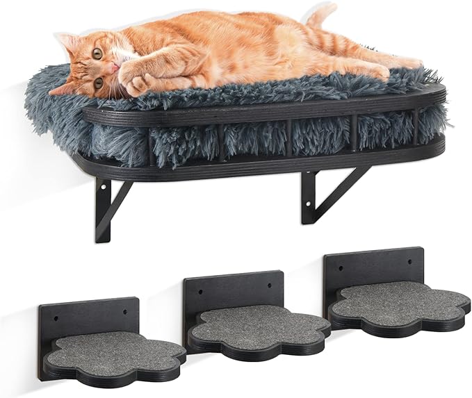 Cat Hammock Cat Wall Furniture with Cooling Mat and Plush Cushion and 3 Wall Steps, Wall Mounted Cat Shelves and Perches, Cat Climbing Shelf Cat Scratching Post for Sleeping, Playing, Gift for Cat