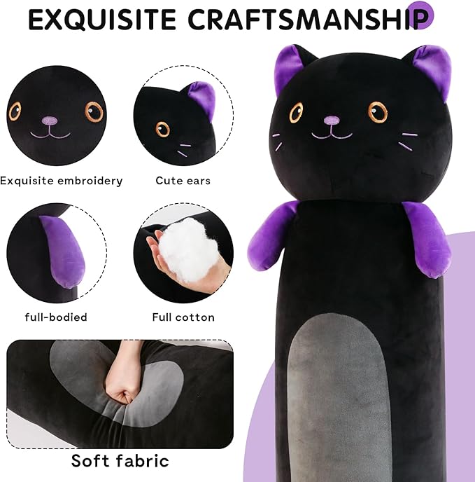 22” Long Cat Plush Body Pillow, Cute Black Cat Stuffed Animals, Lucky Kitty Squishy Soft Plushies Toy, Gifts for Kids Girls and Boys, Birthdays ﻿Easter