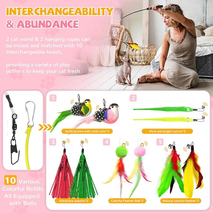 14pcs Cat Wand Toy Cute Bird Feather Cat Toys for Indoor Cats Worm Kitten Toys for Cat Colorful Self Play Hanging Cat Toys for Bored Indoor Adult Cats Interactive Cat Toy for Kitten