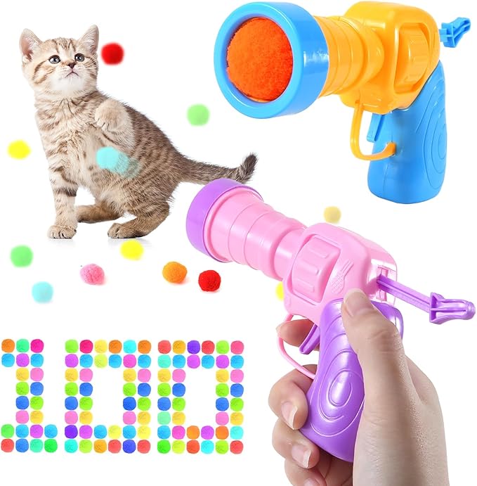 102Pcs Cat Ball Toy Launcher Gun，Cat Balls Fetch Toy - Includes 100 Colorful Plush Cat Balls and 2 Exciting Launchers Set，for Bored Indoor Adult Cats, Cute Kitten Kitty Toys