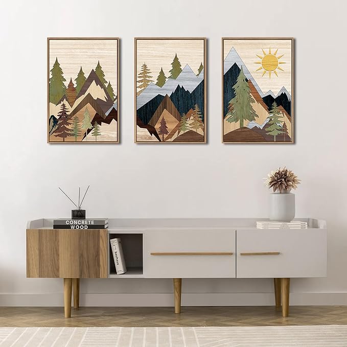 Ausril Mountain Pine Tree Framed Canvas Wall Art Set, Nature Wilderness Illustration Wall Decor, Woodcut Forest Wall Painting, Mid Century Modern Art Print for Living Room Bedroom Office 16"x24"x3