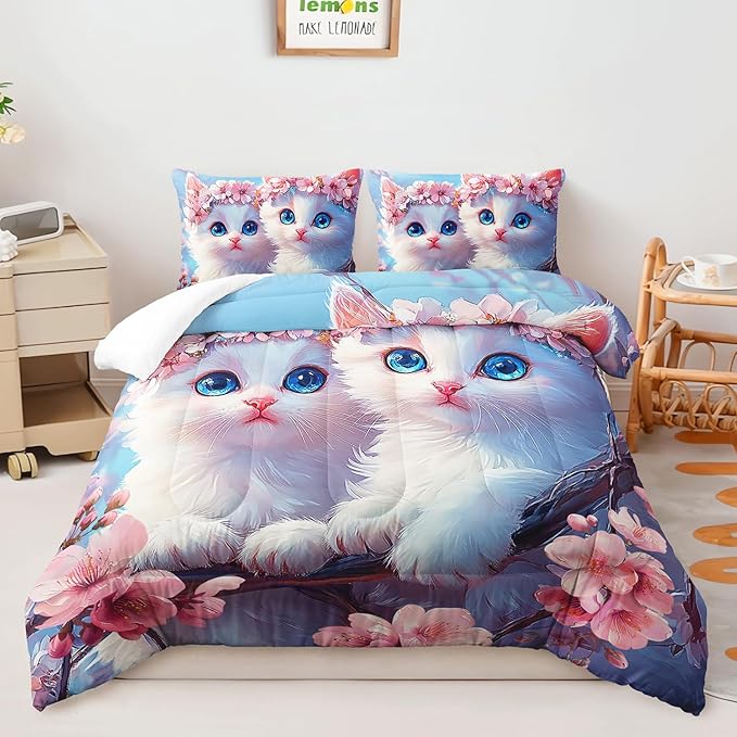 AILONEN Kids Cute Cat Bedding Twin Size,Beautiful Fairy Cat Girls Comforter Set,Pink Flower Cat Comforter Set,Kawaii Cat Duvet,1 Comforter with 2 Pillowcases,3 Pieces