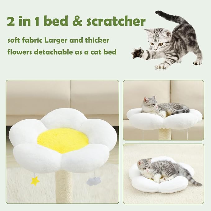 Cute Cat Scratching Post, Flower Cat Tree for Indoor Cats, Cat Scratcher with Bed, Sisal Scratch Posts Kittens Bed Large Perch Modern Small Cat Tower with Hanging Toys