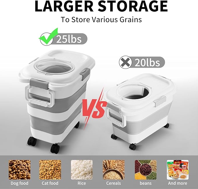 25 Lbs Dog Food Storage Container, Collapsible Dog Food Container with Scoop for Pet/Dog/Cat/Bird Food,Keep Dry Food Fresh,Easy to Move (White)