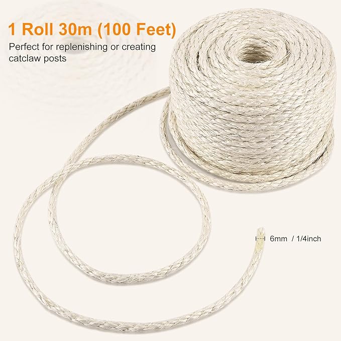 SIsal Rope for Cat Scratcher 1/4" 100 Foot White Natural Sisal Rope for Repairing Cat Scratching Post