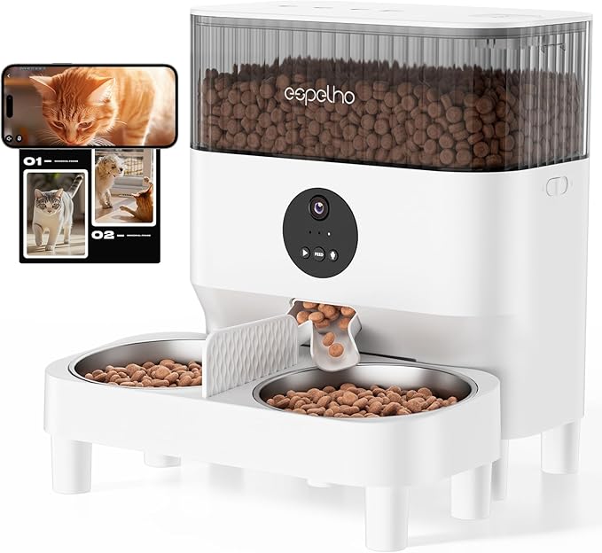 Automatic Cat Feeder for 2 Cats with Camera: Automatic Food Dispenser with Elevated- 2.4G WiFi HD Video and Night Vision| Dual Auto Feeder with 2-Way Audio| Timed Pet Feeder for Multi Cats