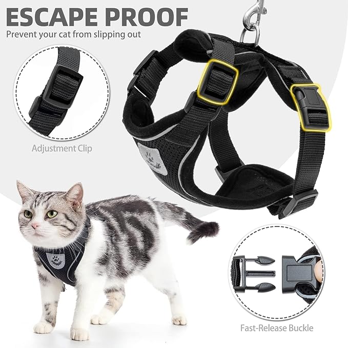 PUPTECK Cat Harness and Leash Set Escape Proof Reflective Cat Walking Harness Adjustable Soft Breathable Mesh Vest for Small Pets, Black, XS