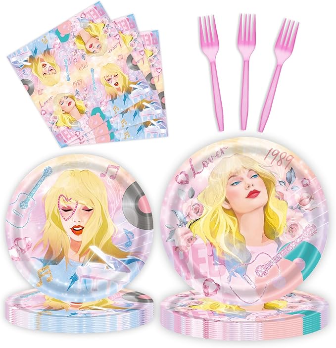 96 Pcs Birthday Party Plates Napkins Forks Supplies Paper Tableware Set Disposable Table Decorations for Girls Birthday Party, Serves 24 Guests