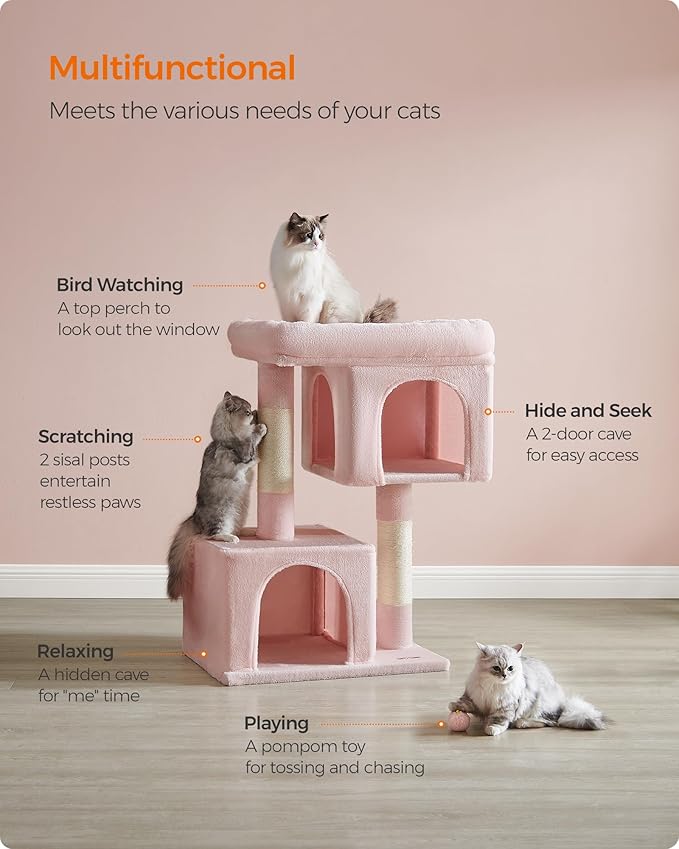 Feandrea Cat Tree, 39.8-Inch Cat Tower, XL, Cat Condo for Extra Large Cats up to 44 lb, Large Cat Perch, 2 Cat Caves, Scratching Post, Jelly Pink UPCT614P01