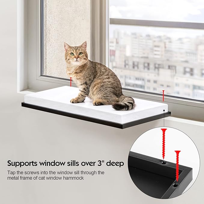Cat Window Hammock, Metal Cat Window Perch Seat for Indoor Cats,Mounted Shelf Bed, Washable Foam Cat Seat for Large Cats Premium Set, Cat Wall Furniture for Sunbathing, Napping and Overlooking (White)