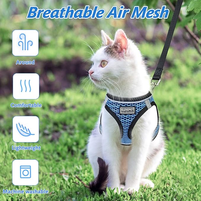 Cat Harness and Leash Set for Walking Escape Proof,Adjustable Soft Mesh Kittens Harness Vest with Reflective Strip for Small Cats,Easy to Control