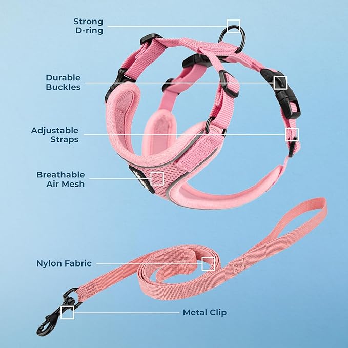 Voyager Escape Proof Cat Harness and Leash Set with Reflective Stitching, Neoprene Handle 5ft - Supports Small, Medium and Large Cats, Kittens for Walking by Best Pet Supplies - Pink, XXXS